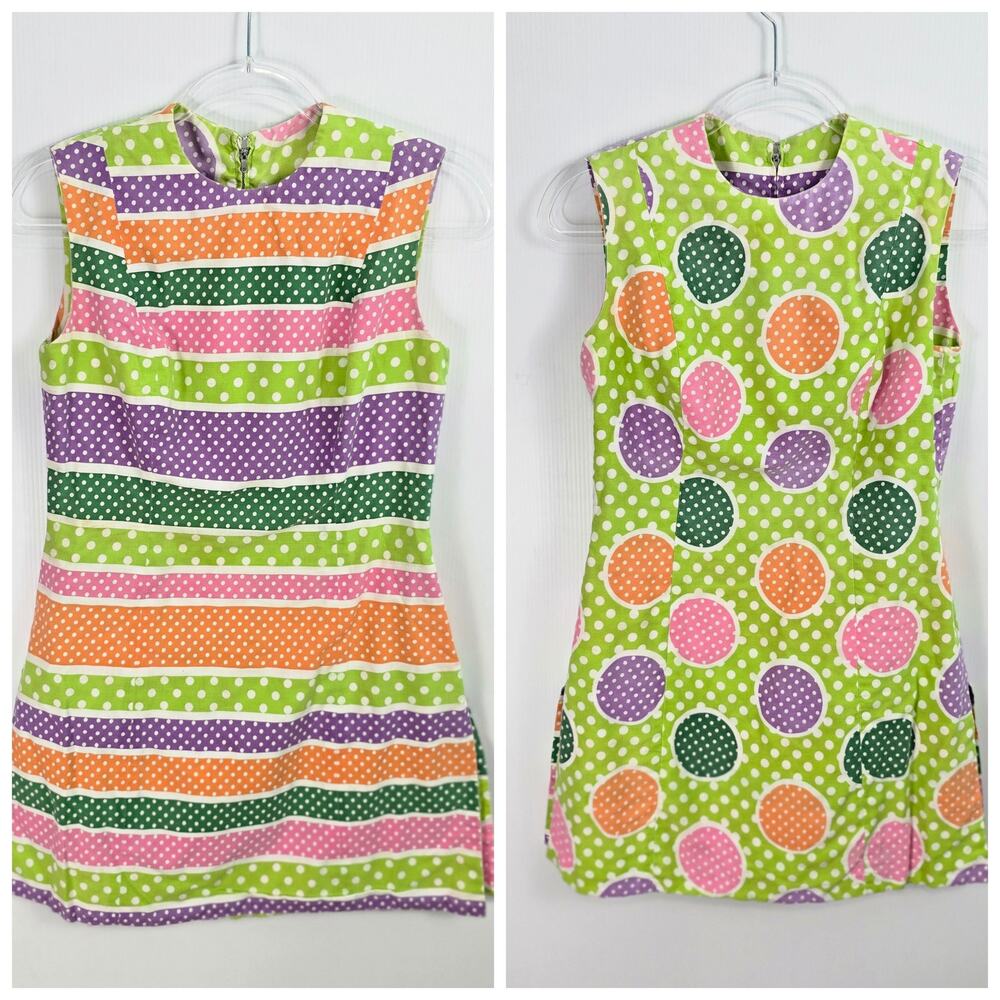 Vintage 60s Mod Reversible Polka Dot Stripe Mini Dress or Long Tunic Shift SEE